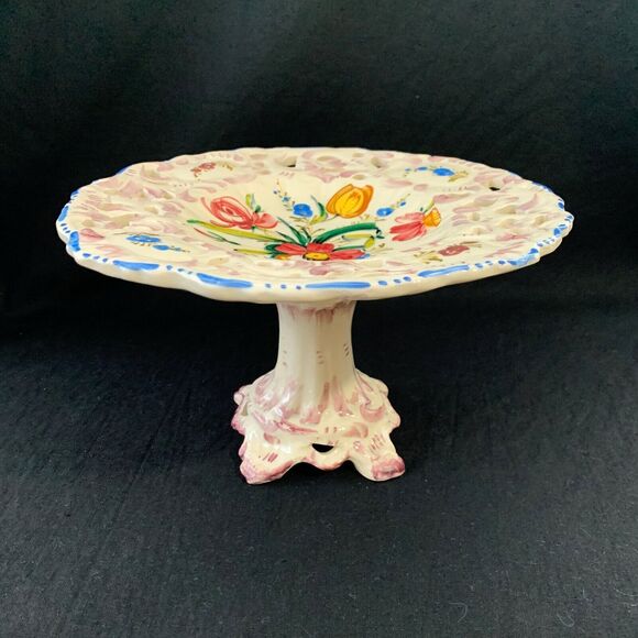 Vintage Italian Pedestal Cake Plate Bonbon Dish Footed Hand Painted Floral - Picture 1 of 8